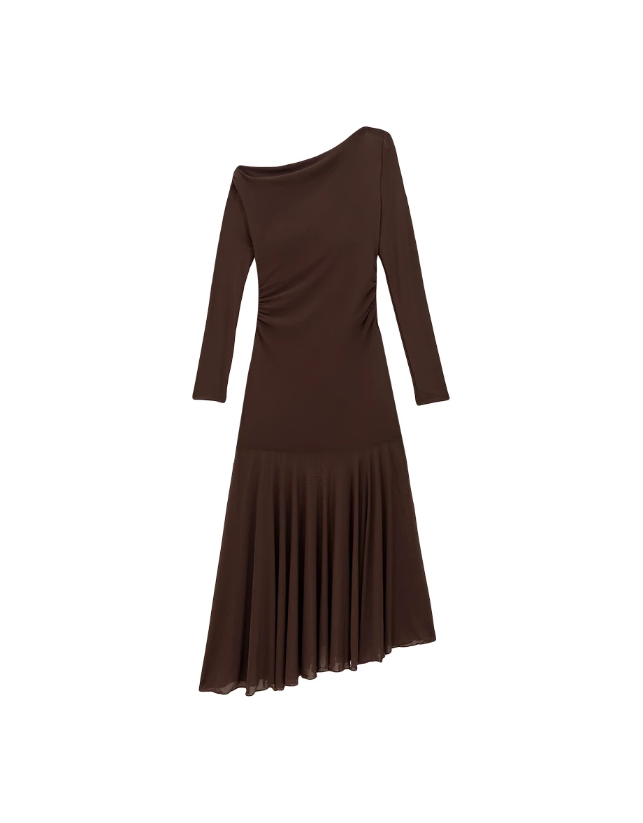 Asymmetric Off Shoulder Ruched Padded Maxi Dress with Sheer Chiffon Hem