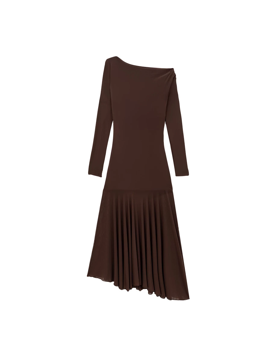 Asymmetric Off Shoulder Ruched Padded Maxi Dress with Sheer Chiffon Hem