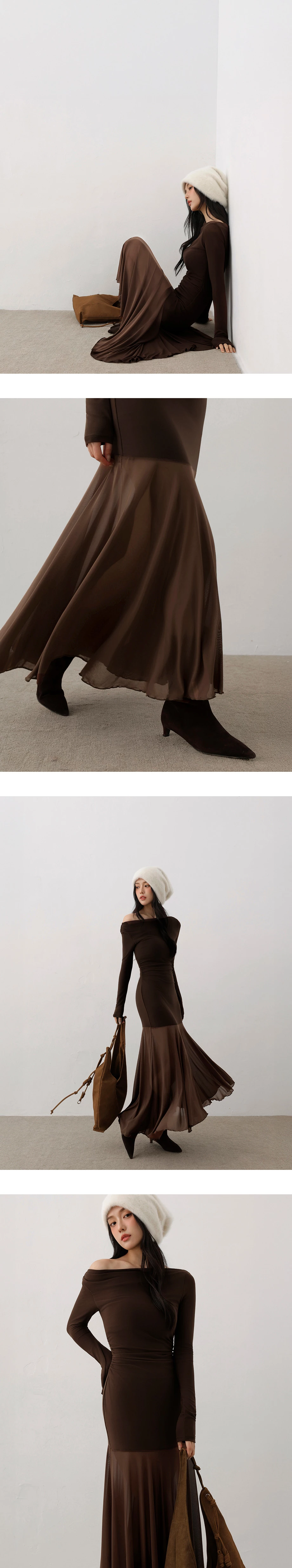 Asymmetric Off Shoulder Ruched Padded Maxi Dress with Sheer Chiffon Hem