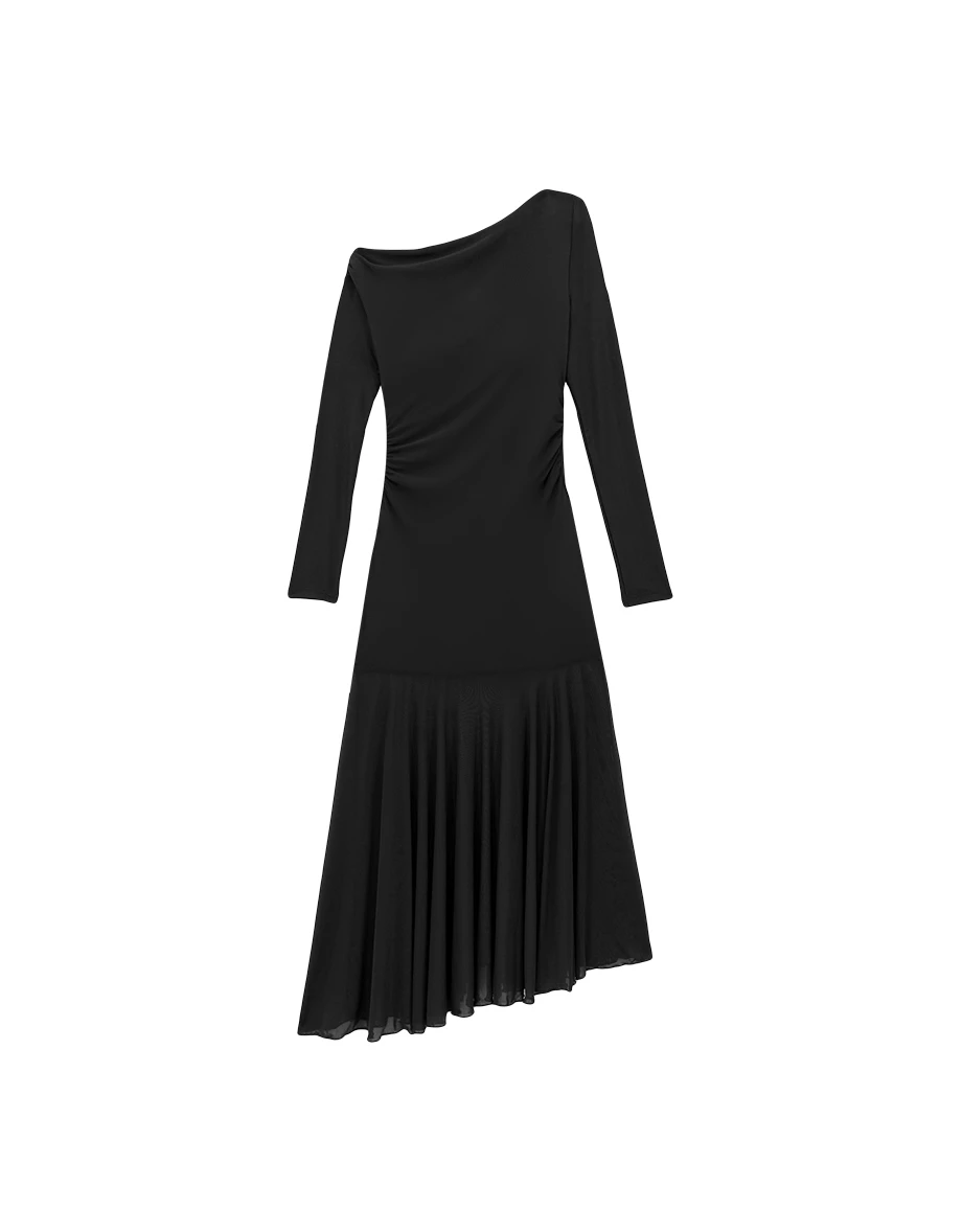 Asymmetric Off Shoulder Ruched Padded Maxi Dress with Sheer Chiffon Hem