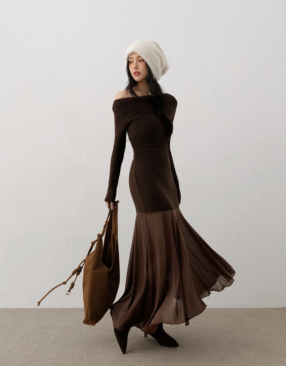 Asymmetric Off Shoulder Ruched Padded Maxi Dress with Sheer Chiffon Hem