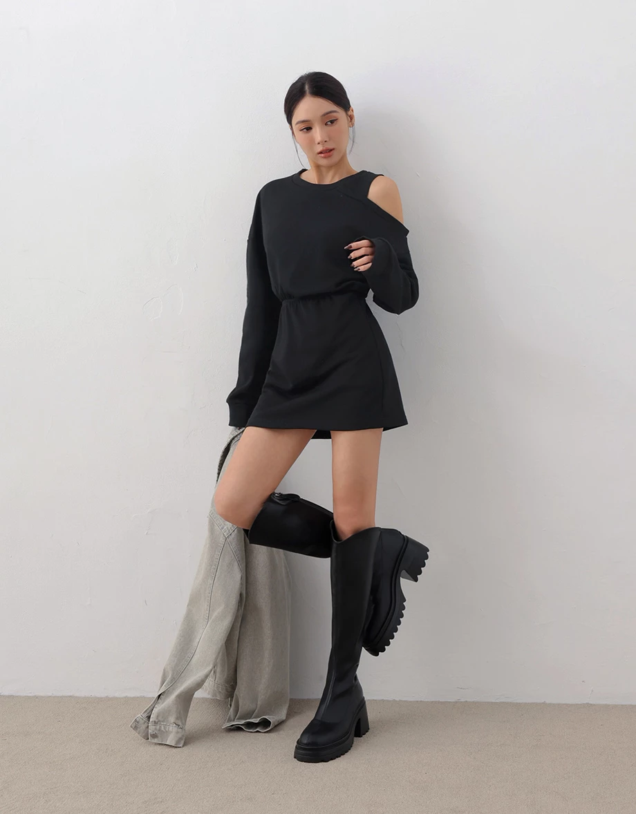 Asymmetric Shoulder Cut Out Cinched Waist Sweatshirt Mini Dress