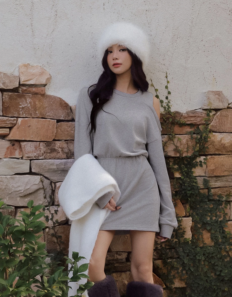 Asymmetric Shoulder Cut Out Cinched Waist Sweatshirt Mini Dress Asymmetric Shoulder Cut Out Cinched Waist Sweatshirt Mini Dress