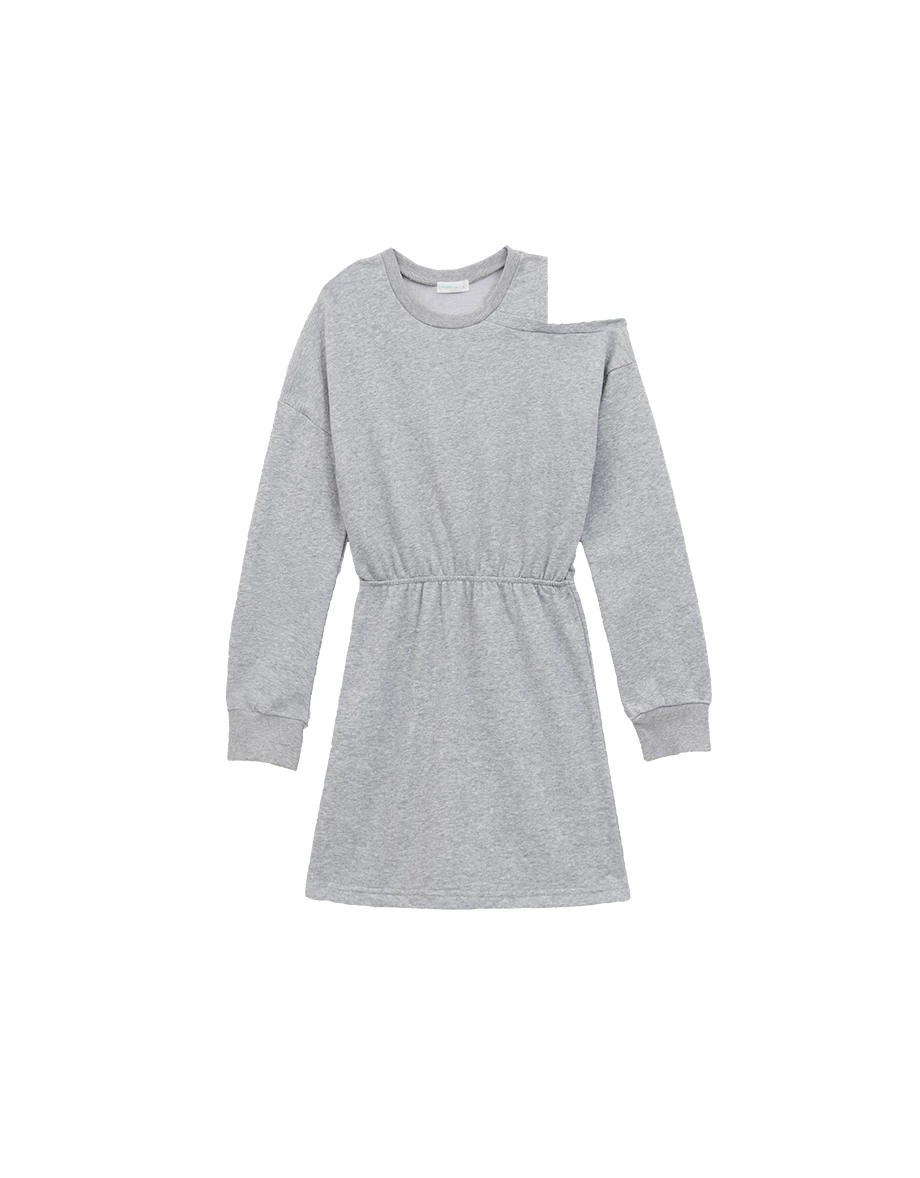 Asymmetric Shoulder Cut Out Cinched Waist Sweatshirt Mini Dress