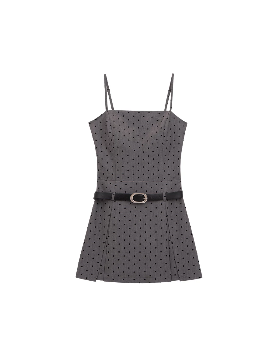 Adjustable Spaghetti Strap Pleated Padded Cami Mini Dress with Belt (Solid/Polka Dot)