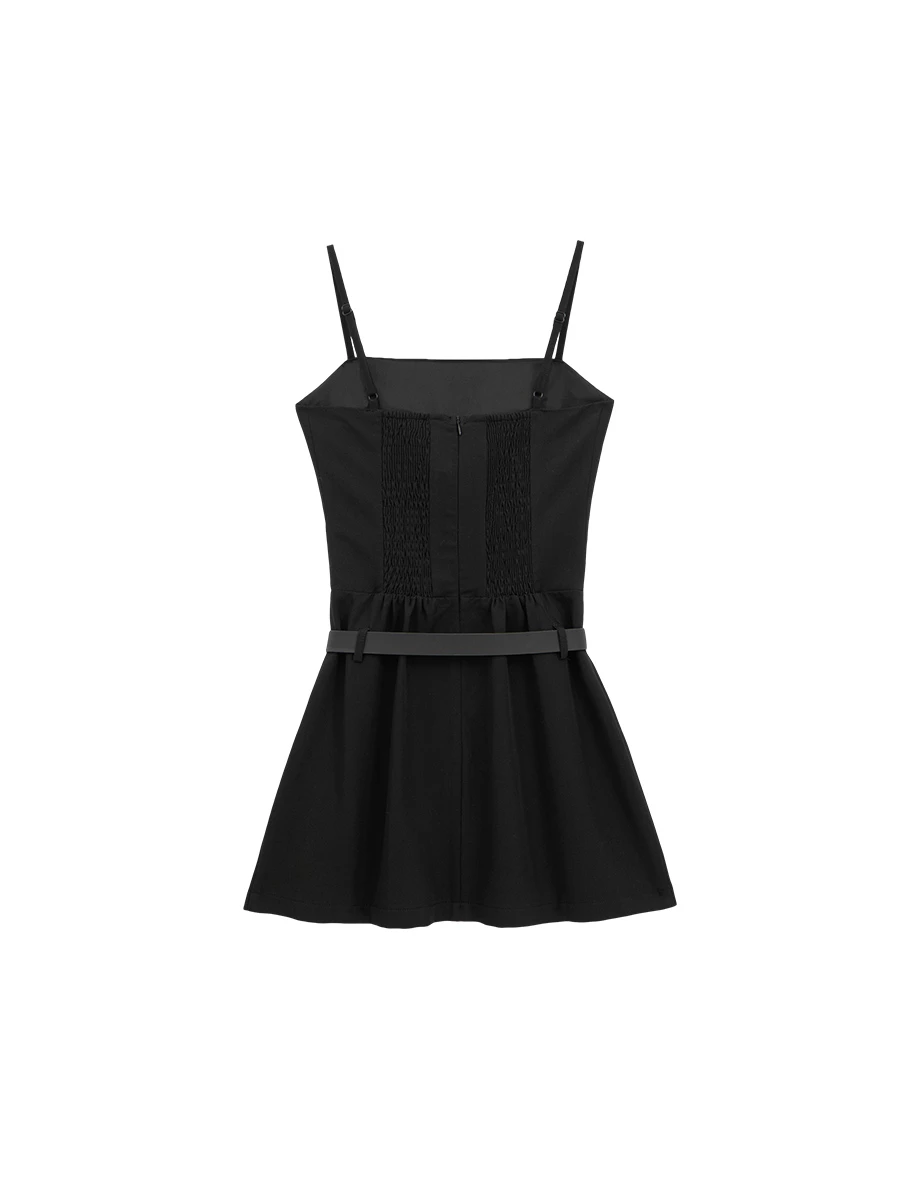 Adjustable Spaghetti Strap Pleated Padded Cami Mini Dress with Belt (Solid/Polka Dot) Adjustable Spaghetti Strap Pleated Padded Cami Mini Dress with Belt (Solid/Polka Dot)