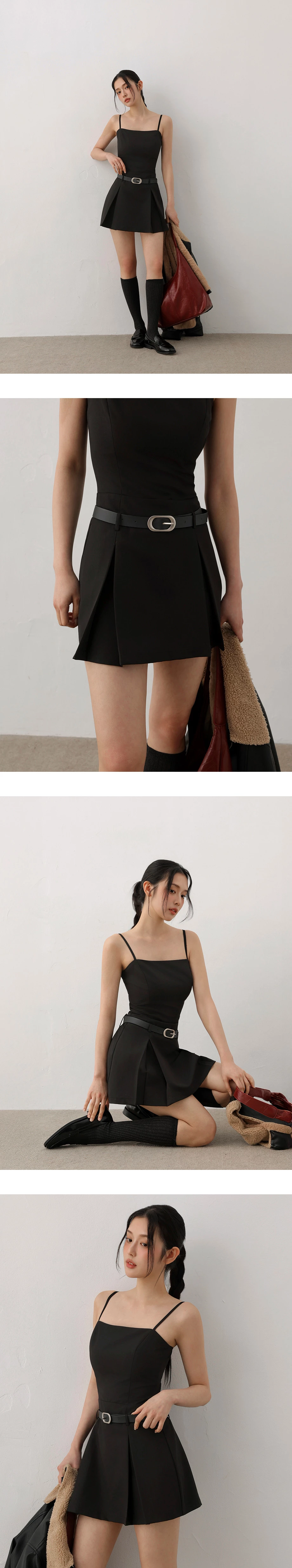 Adjustable Spaghetti Strap Pleated Padded Cami Mini Dress with Belt (Solid/Polka Dot) Adjustable Spaghetti Strap Pleated Padded Cami Mini Dress with Belt (Solid/Polka Dot)