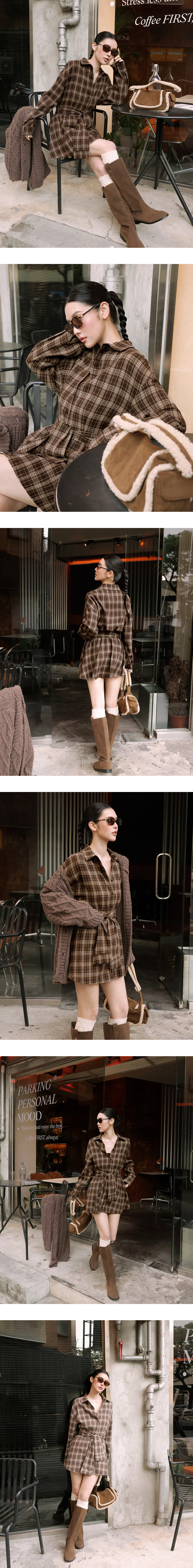 Vintage Plaid Button Down Tie Waist Shirt Mini Dress