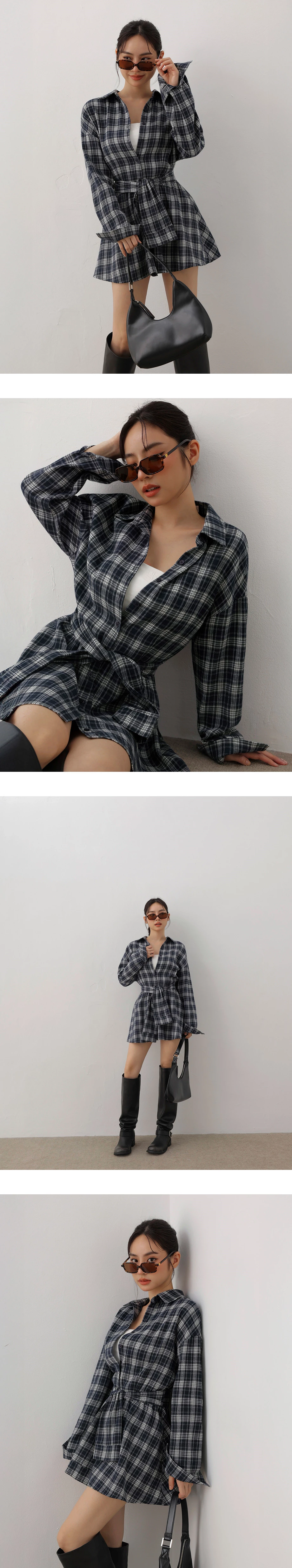 Vintage Plaid Button Down Tie Waist Shirt Mini Dress