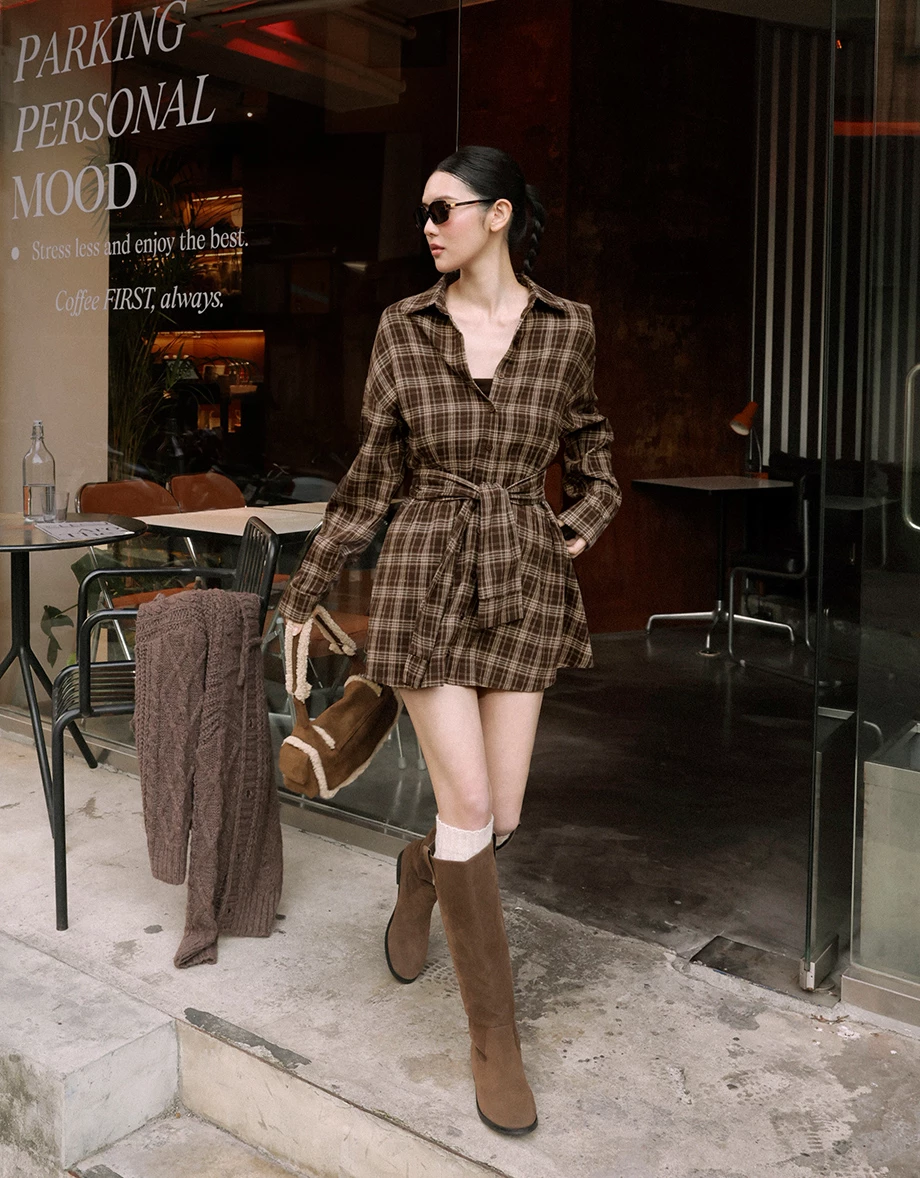 Vintage Plaid Button Down Tie Waist Shirt Mini Dress