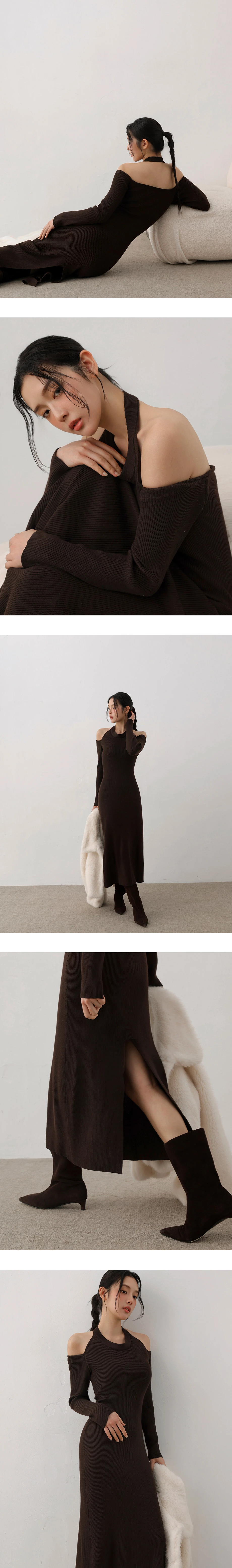 Halter Neck Cold Shoulder Ribbed Knit Padded Maxi Dress