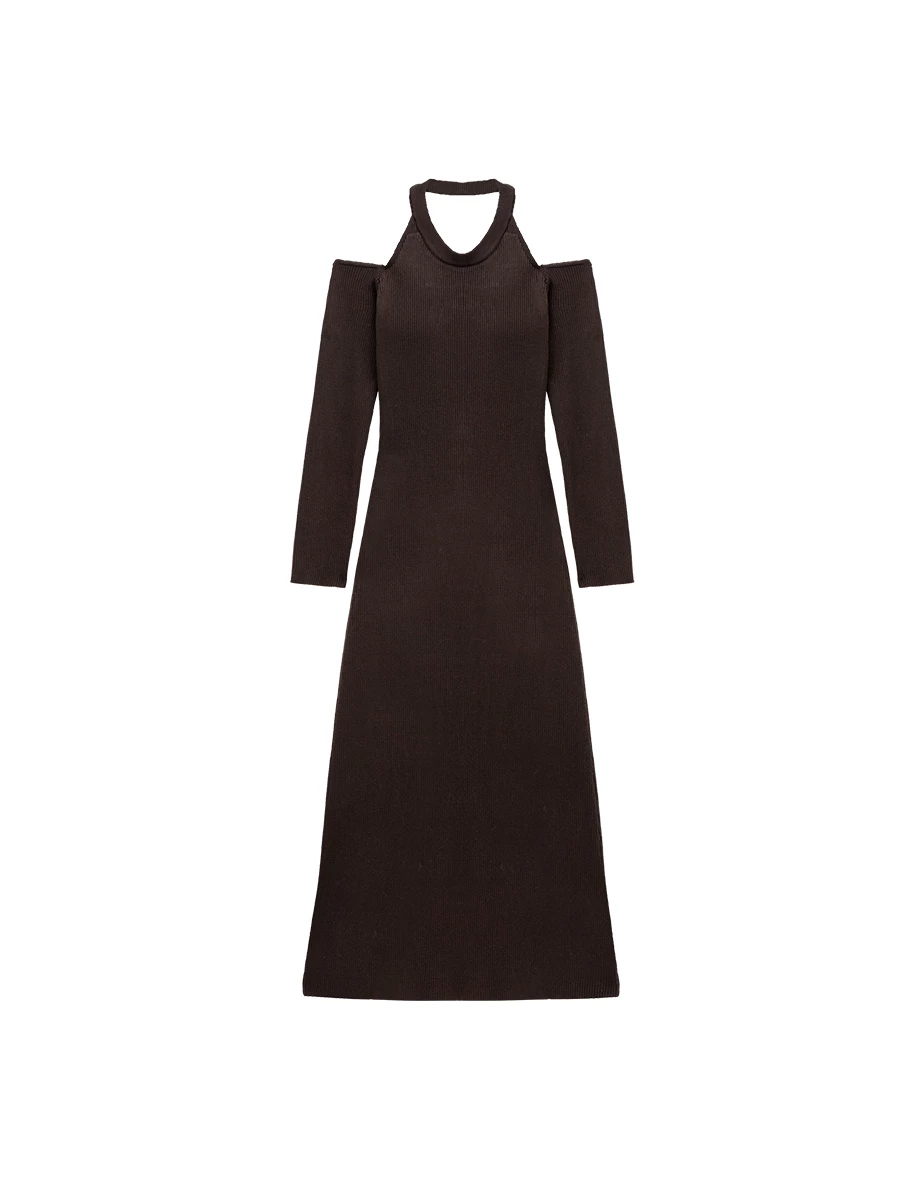 Halter Neck Cold Shoulder Ribbed Knit Padded Maxi Dress