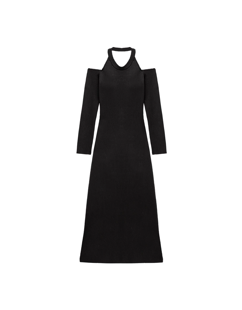 Halter Neck Cold Shoulder Ribbed Knit Padded Maxi Dress