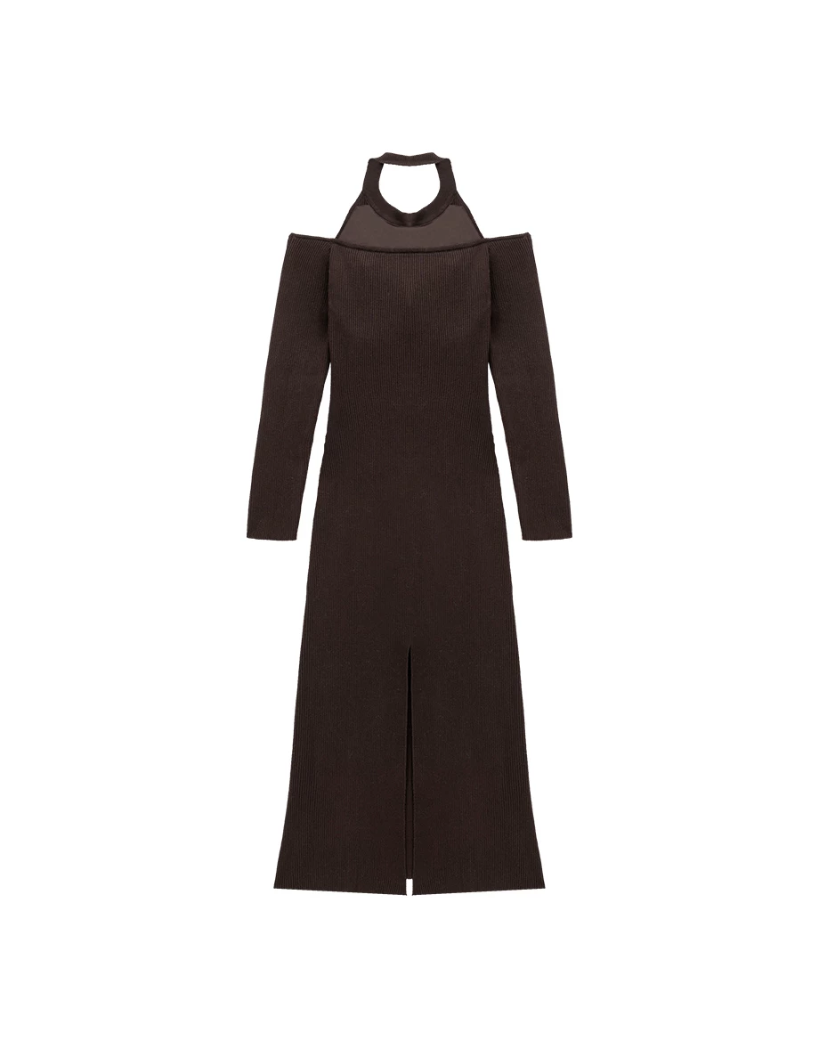 Halter Neck Cold Shoulder Ribbed Knit Padded Maxi Dress
