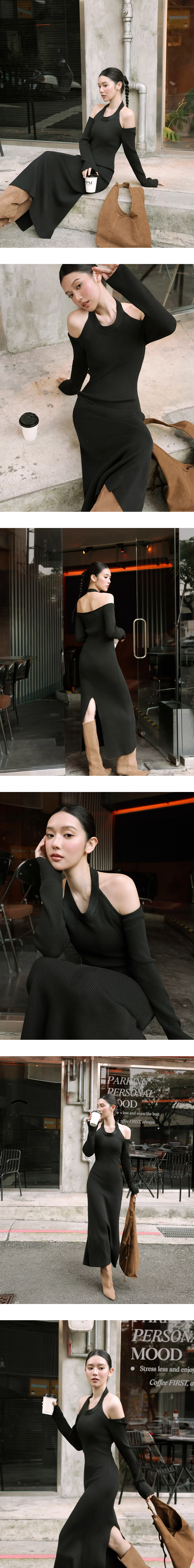 Halter Neck Cold Shoulder Ribbed Knit Padded Maxi Dress