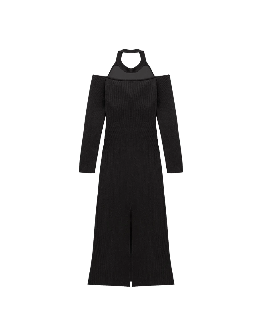 Halter Neck Cold Shoulder Ribbed Knit Padded Maxi Dress