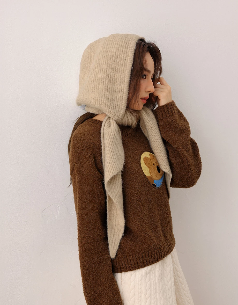 【DINOTAENG】Cable Knit Hooded Scarf