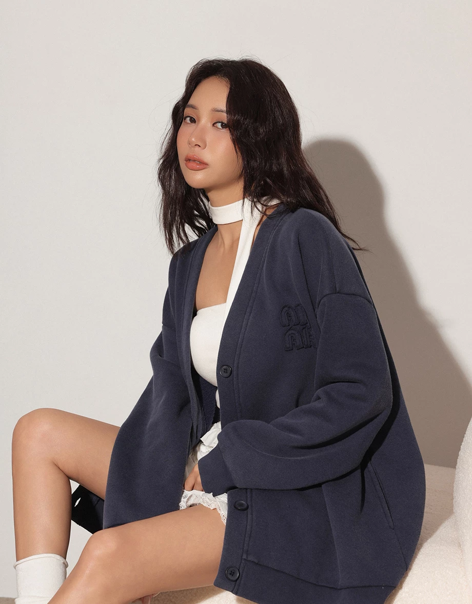 Oversized Fleece Cardigan Jacket with AIR SPACE Logo Embroidery