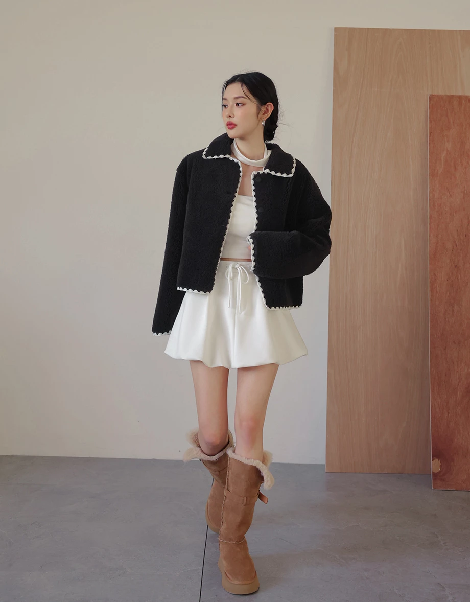 Contrast Trim Button Down Fluffy Crop Jacket