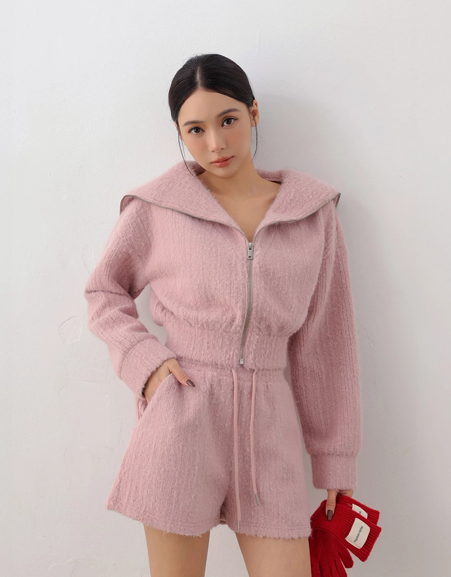 Fuzzy Knit Sailor Collar Zip Up Cropped Jacket Fuzzy Knit Sailor Collar Zip Up Cropped Jacket