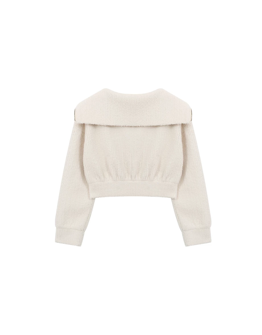 Fuzzy Knit Sailor Collar Zip Up Cropped Jacket