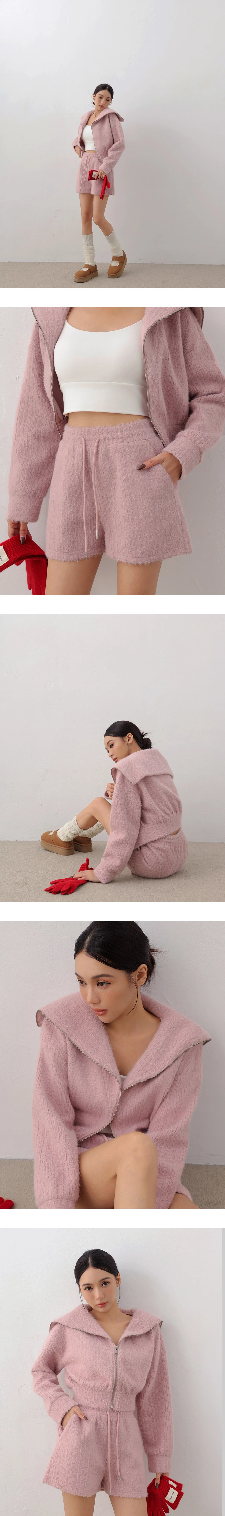 Fuzzy Knit Sailor Collar Zip Up Cropped Jacket