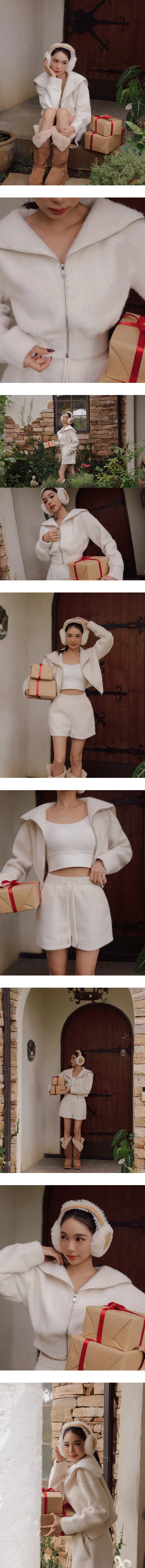 Fuzzy Knit Sailor Collar Zip Up Cropped Jacket