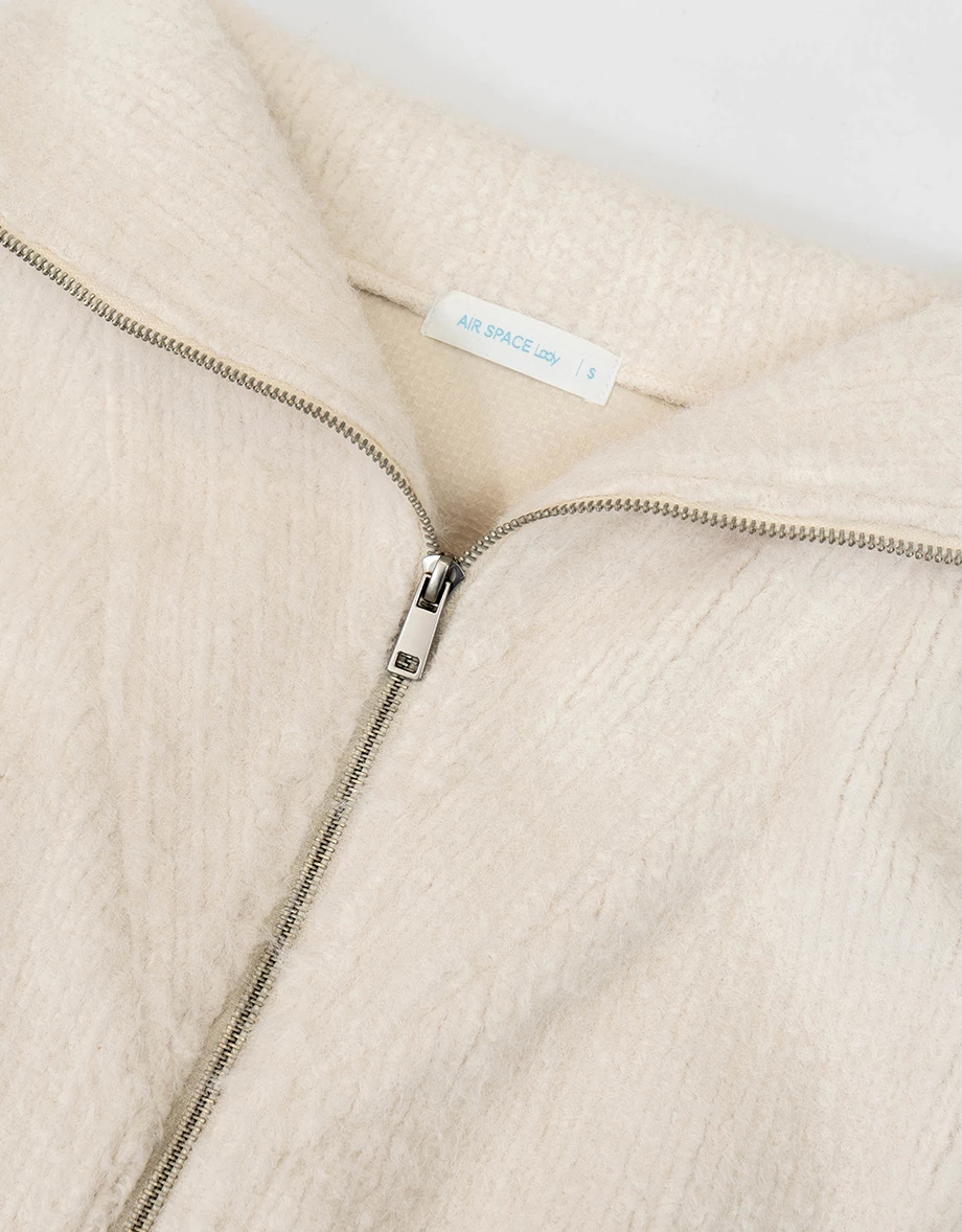 Fuzzy Knit Sailor Collar Zip Up Cropped Jacket