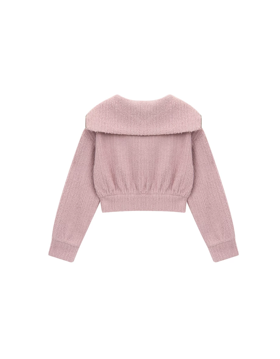 Fuzzy Knit Sailor Collar Zip Up Cropped Jacket