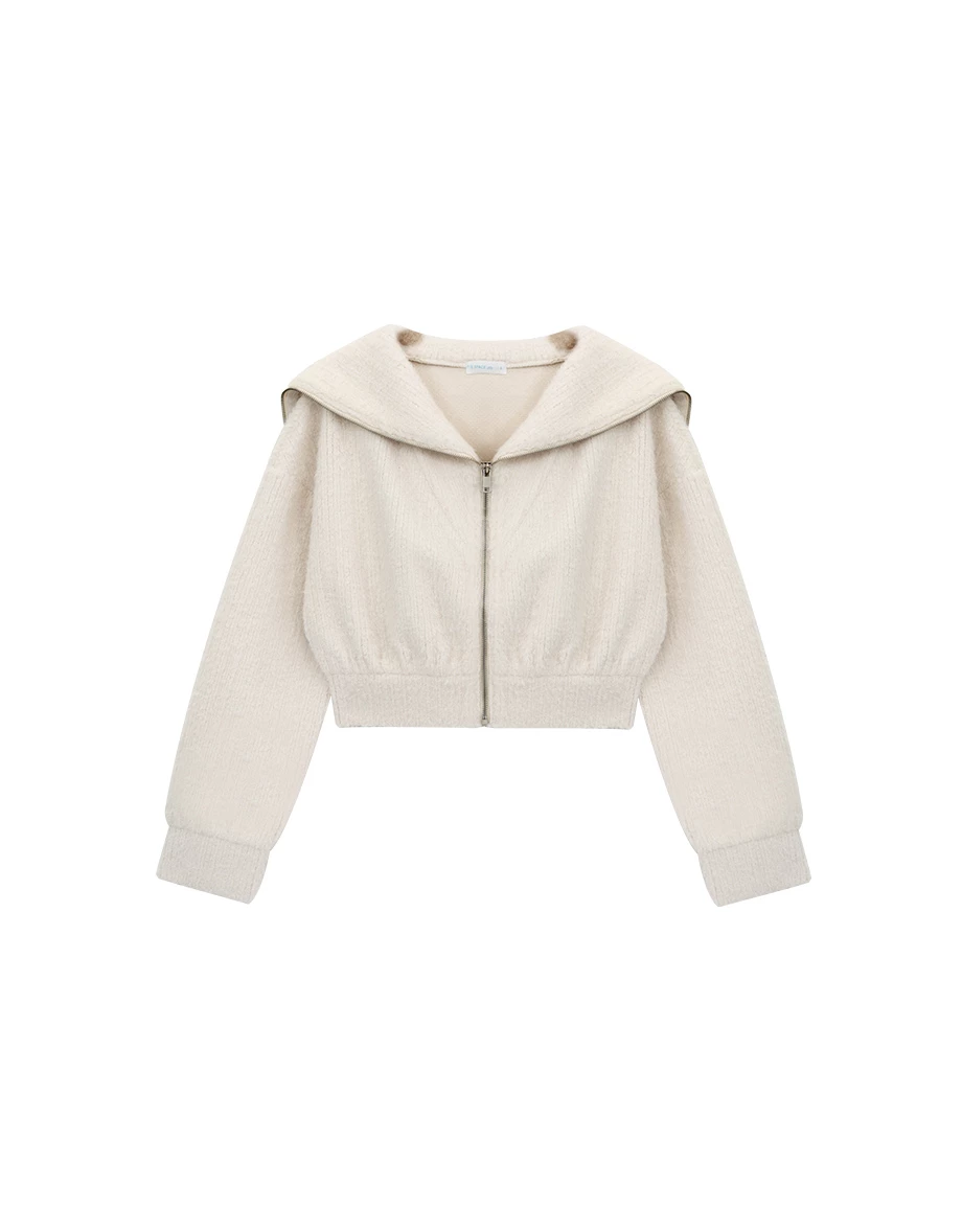 Fuzzy Knit Sailor Collar Zip Up Cropped Jacket