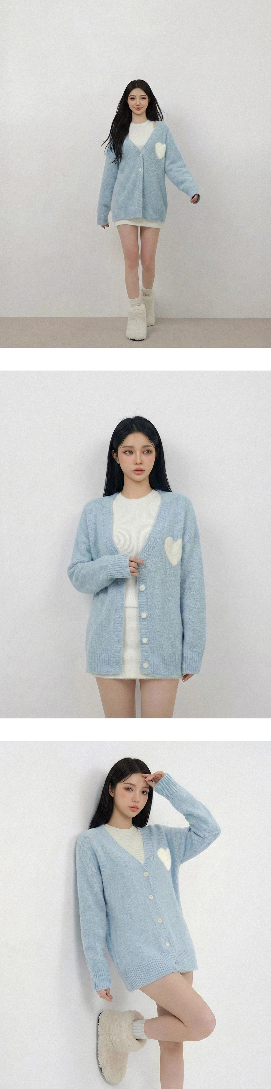 Fuzzy Knit V Neck Heart Patch Button Front Cardigan Jacket