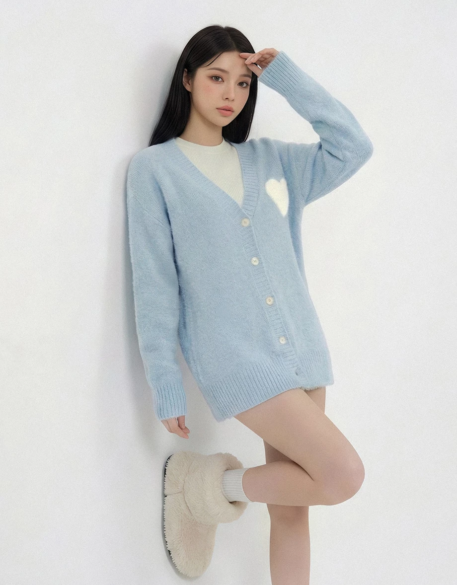 Fuzzy Knit V Neck Heart Patch Button Front Cardigan Jacket Fuzzy Knit V Neck Heart Patch Button Front Cardigan Jacket