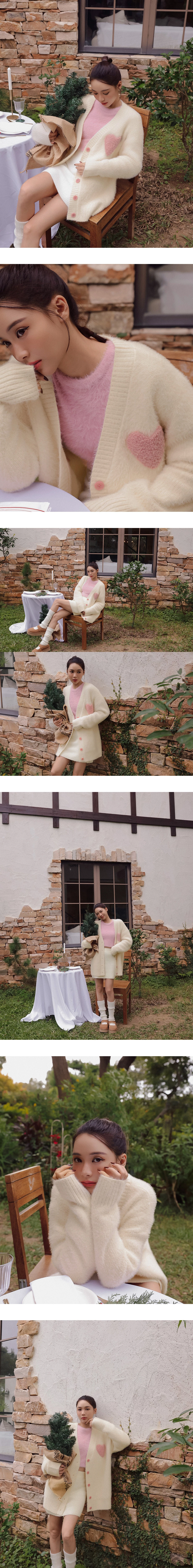 Fuzzy Knit V Neck Heart Patch Button Front Cardigan Jacket