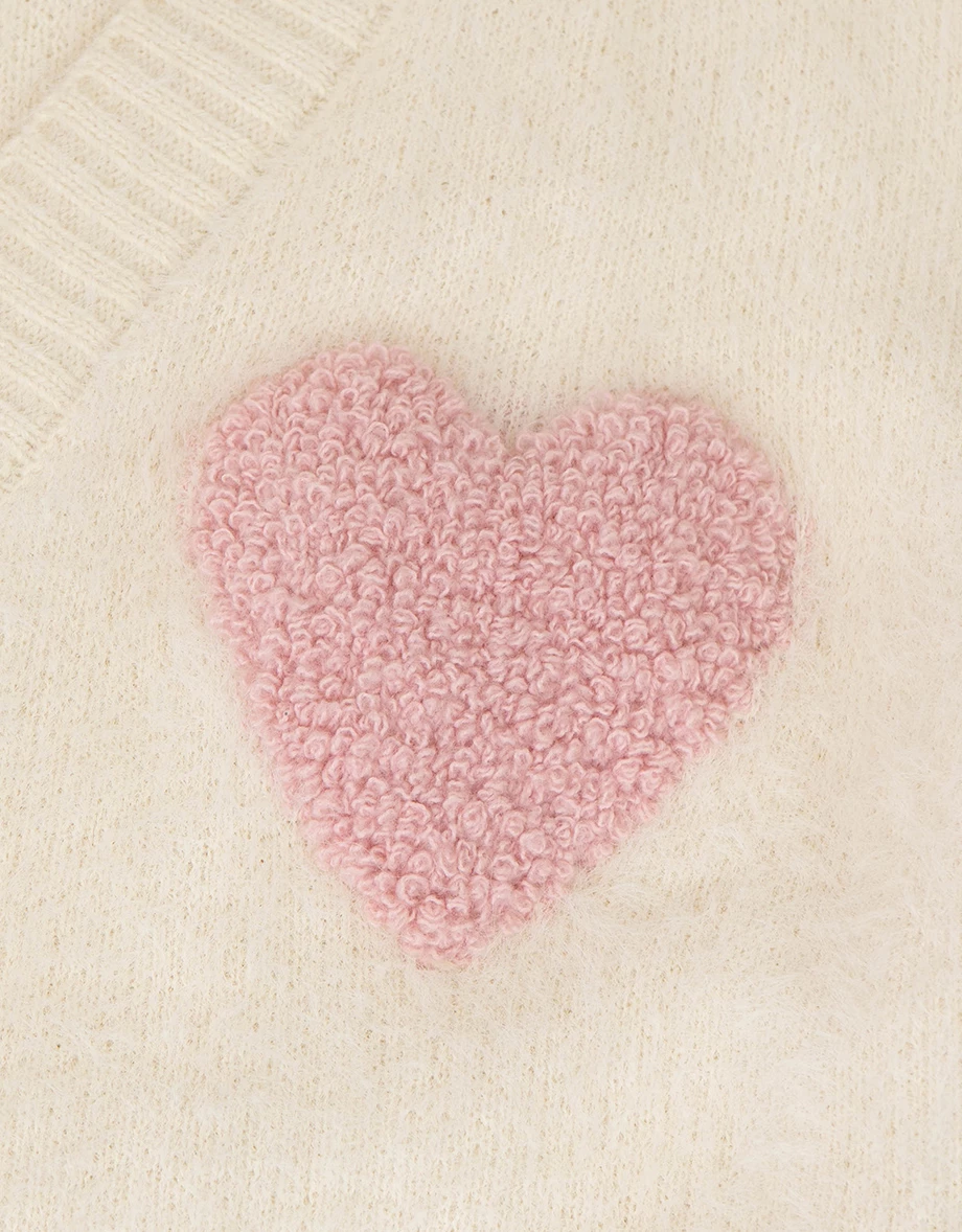 Fuzzy Knit V Neck Heart Patch Button Front Cardigan Jacket