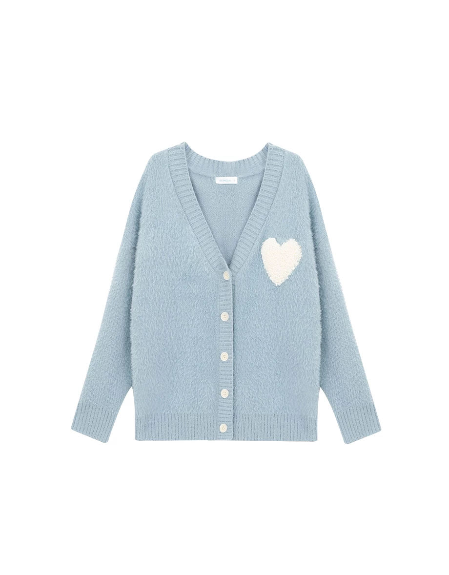 Fuzzy Knit V Neck Heart Patch Button Front Cardigan Jacket