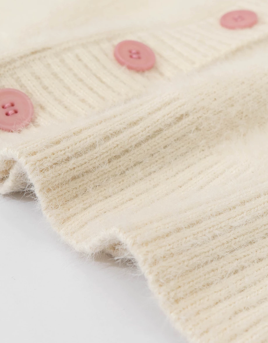 Fuzzy Knit V Neck Heart Patch Button Front Cardigan Jacket