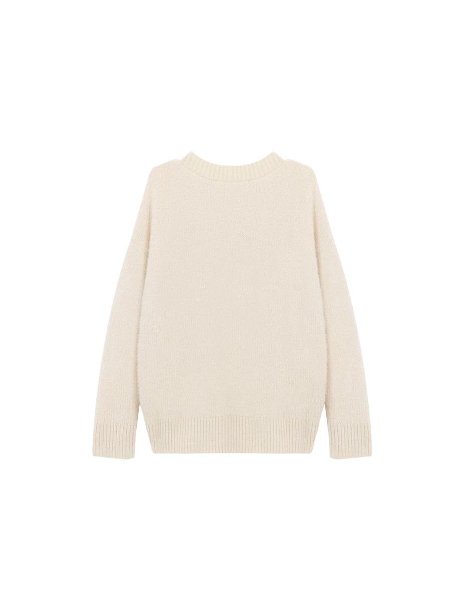 Fuzzy Knit V Neck Heart Patch Button Front Cardigan Jacket