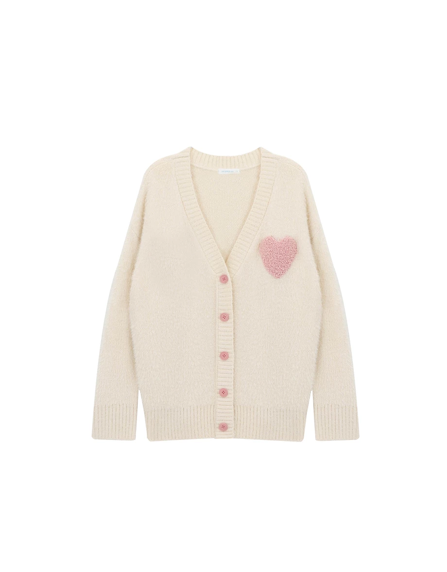 Fuzzy Knit V Neck Heart Patch Button Front Cardigan Jacket