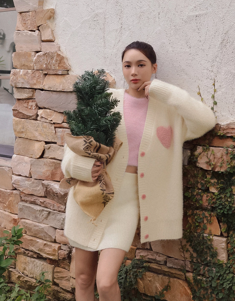 Fuzzy Knit V Neck Heart Patch Button Front Cardigan Jacket Fuzzy Knit V Neck Heart Patch Button Front Cardigan Jacket
