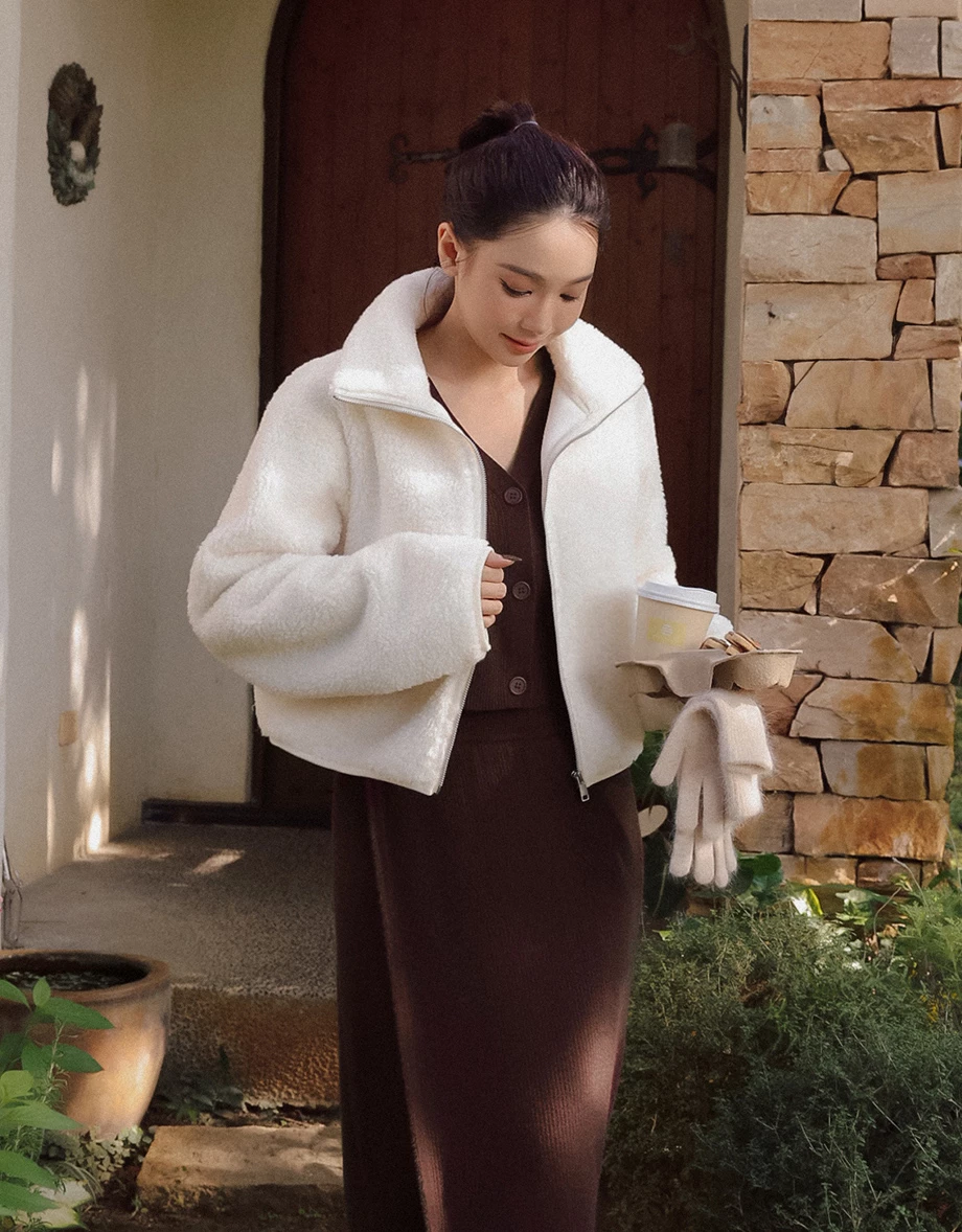 Fluffy Faux Fur High Collar Zip Up Cropped Jacket