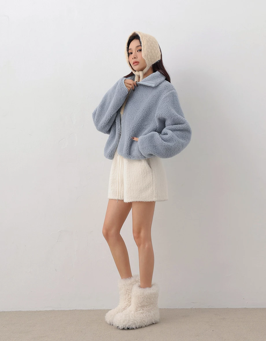 Fluffy Faux Fur High Collar Zip Up Cropped Jacket