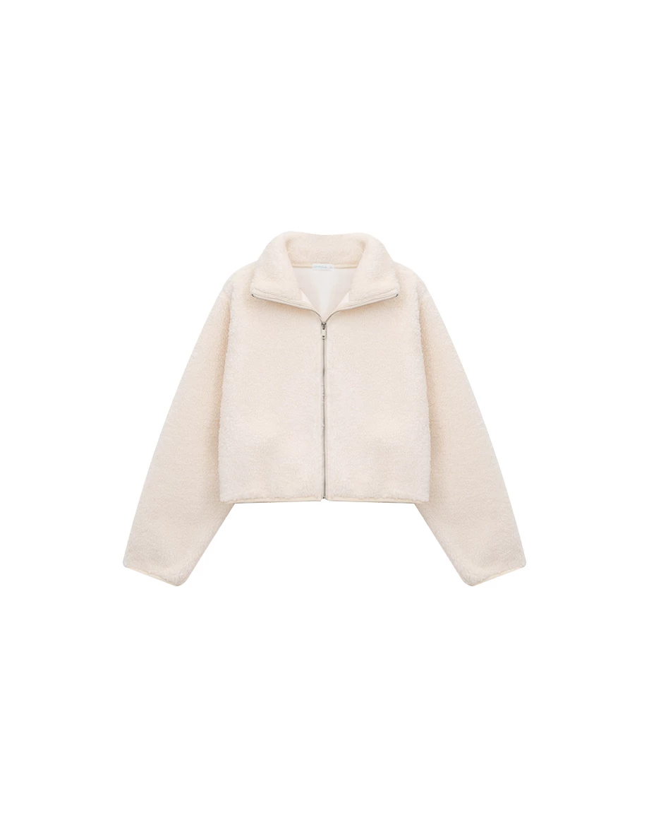 Fluffy Faux Fur High Collar Zip Up Cropped Jacket