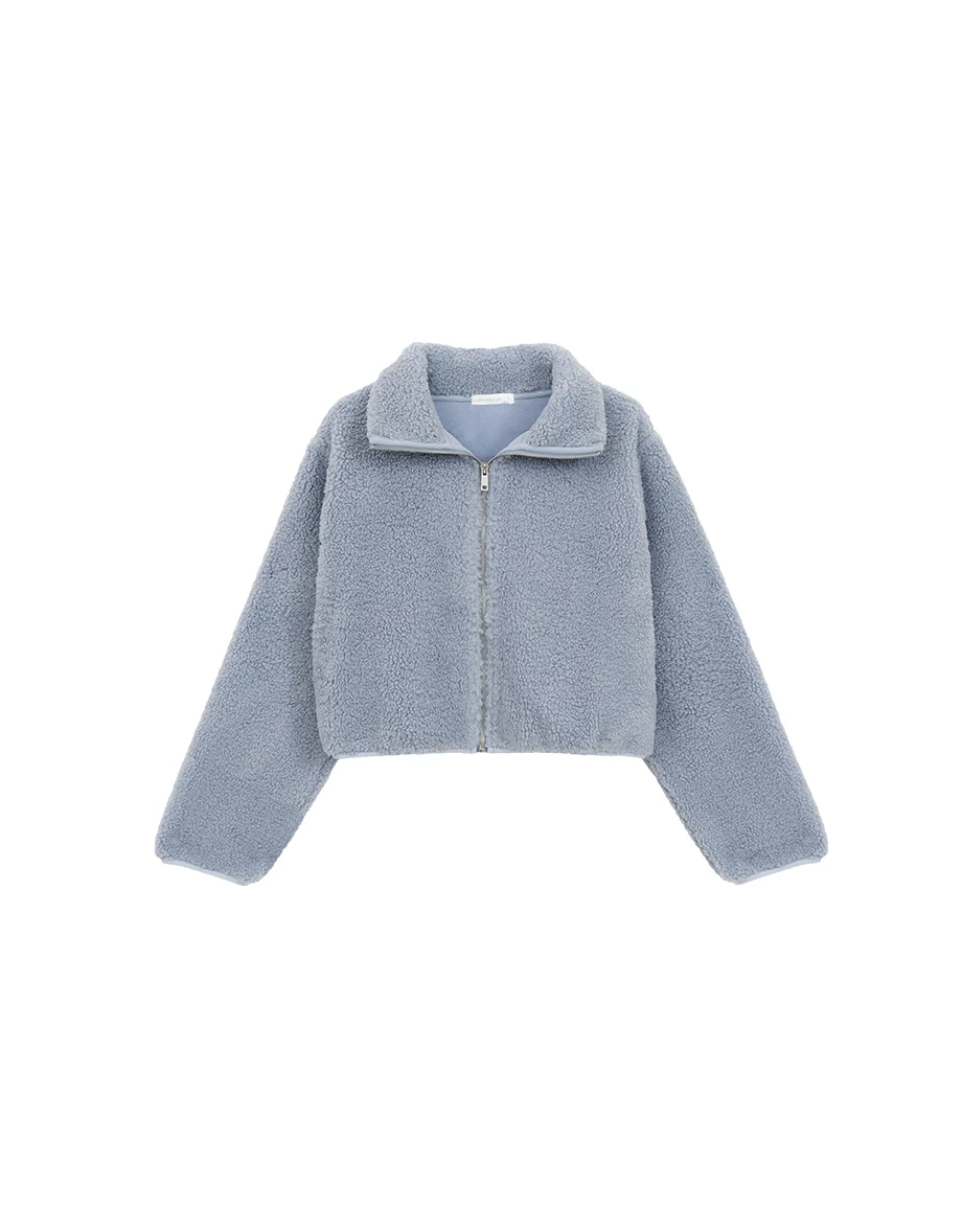 Fluffy Faux Fur High Collar Zip Up Cropped Jacket