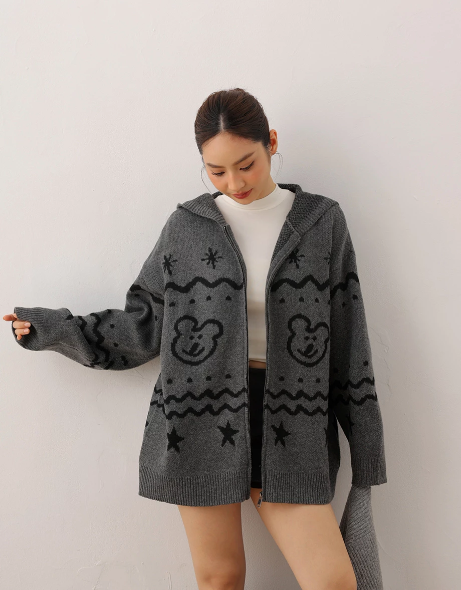 【DINOTAENG】Knit Pattern Hooded Cardigan Jacket 【DINOTAENG】Knit Pattern Hooded Cardigan Jacket