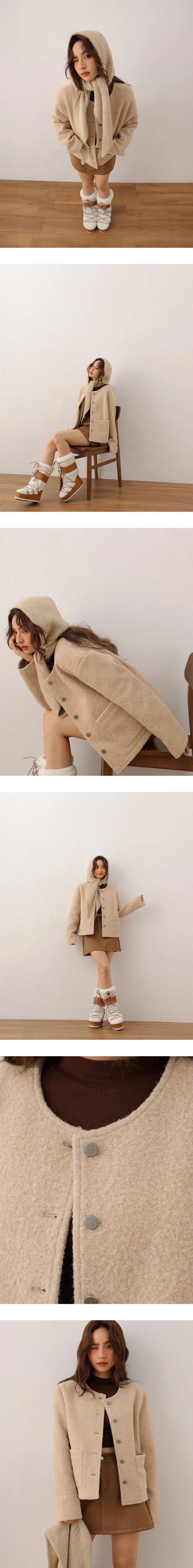 【DINOTAENG】Round Neck Tweed Jacket With Pocket 【DINOTAENG】Round Neck Tweed Jacket With Pocket