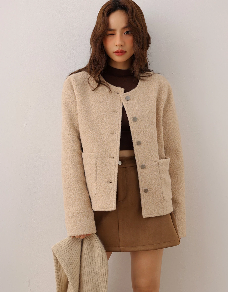 【DINOTAENG】Round Neck Tweed Jacket With Pocket