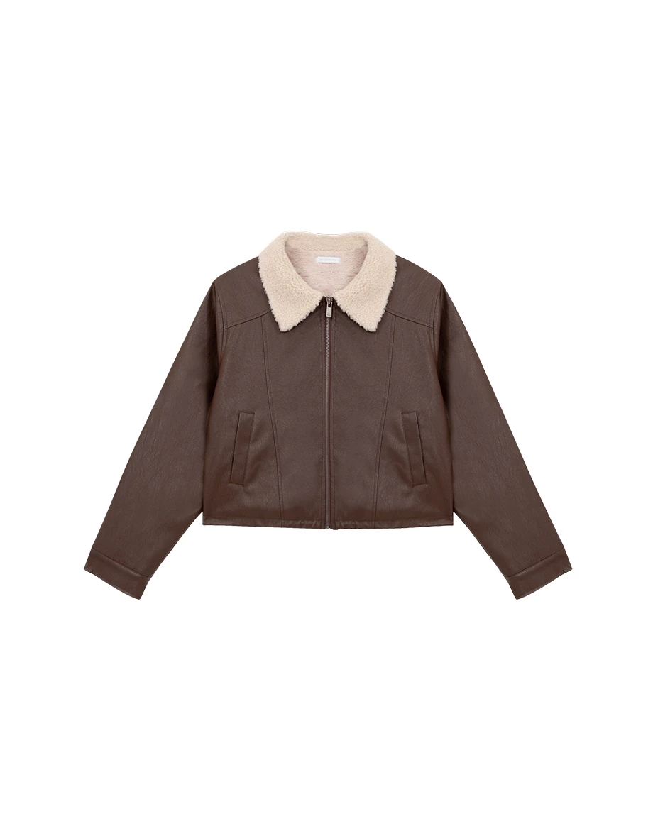 Fleece Lined Cropped Faux Leather Jacket with Fur Collar