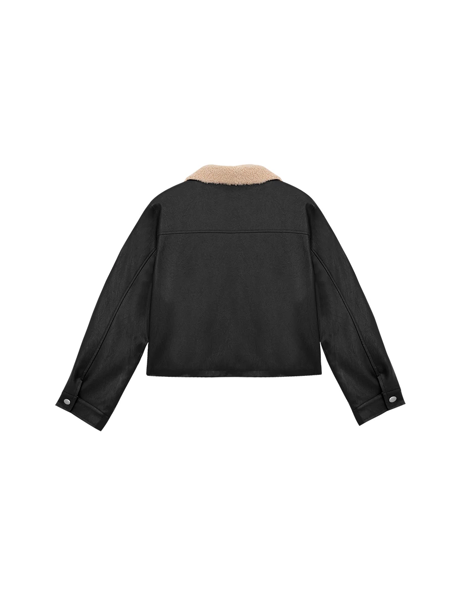 Fleece Lined Cropped Faux Leather Jacket with Fur Collar