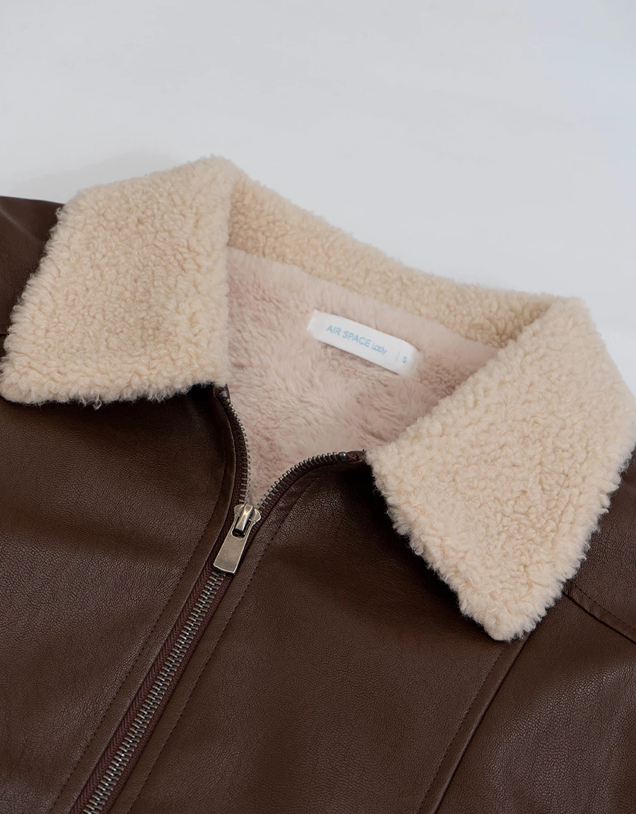 Fleece Lined Cropped Faux Leather Jacket with Fur Collar