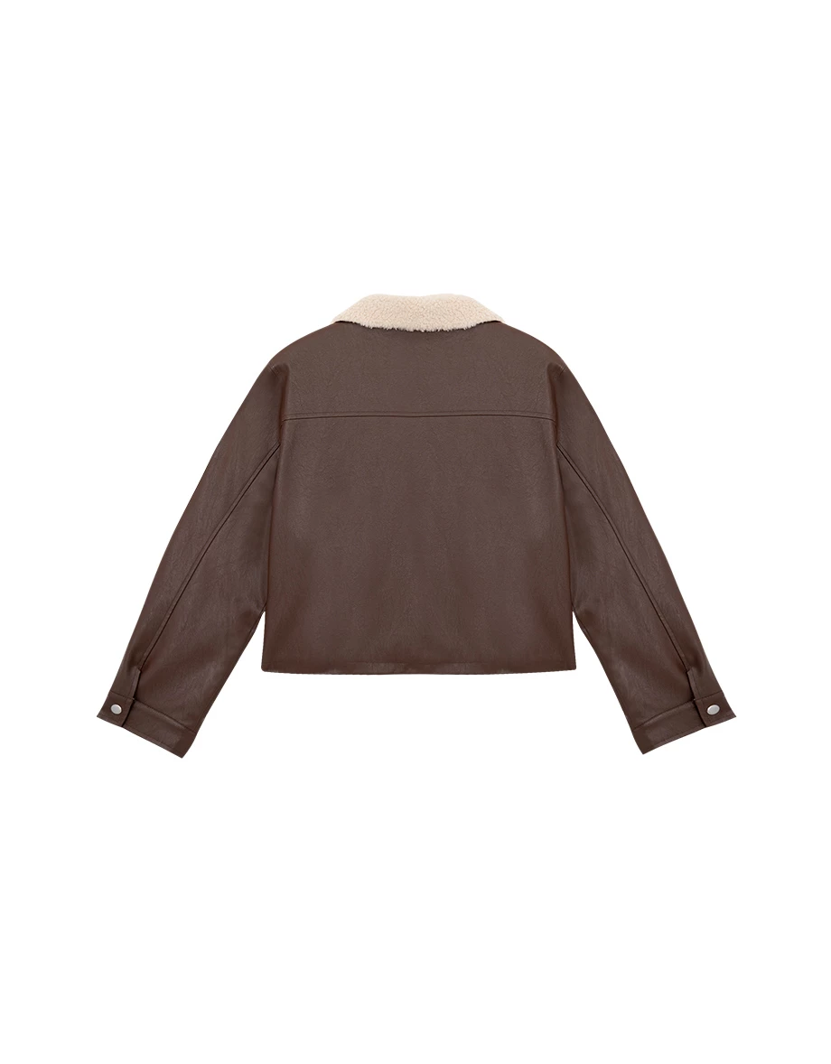 Fleece Lined Cropped Faux Leather Jacket with Fur Collar